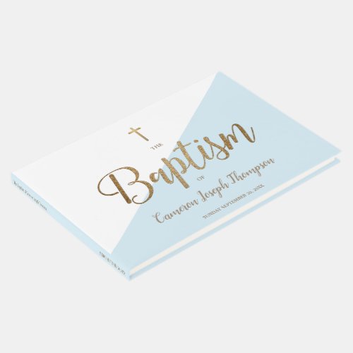 Custom Elegant Blue gold Cross Baby Baptism Guest Book