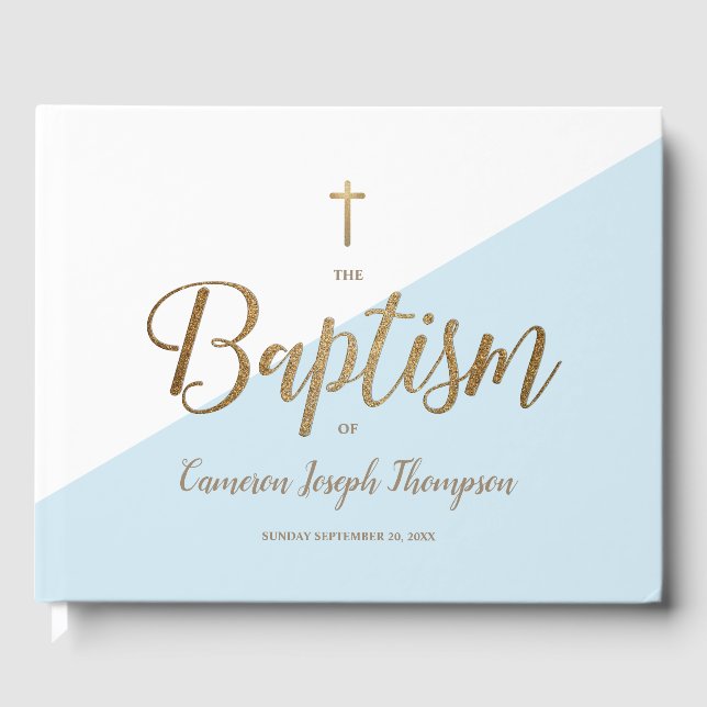 Custom Elegant Blue gold Cross Baby Baptism Guest Book (Front)