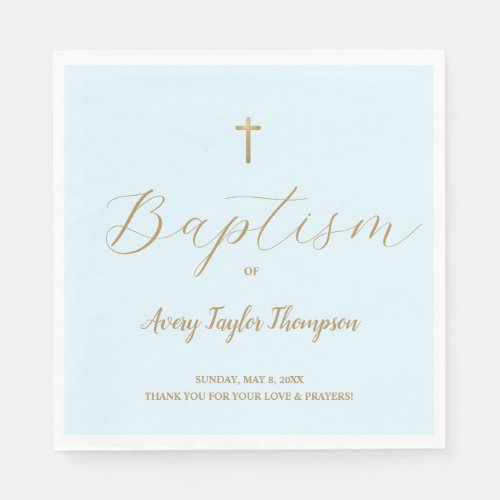 Custom Elegant Blue gold Cross Baptism Script  Napkins