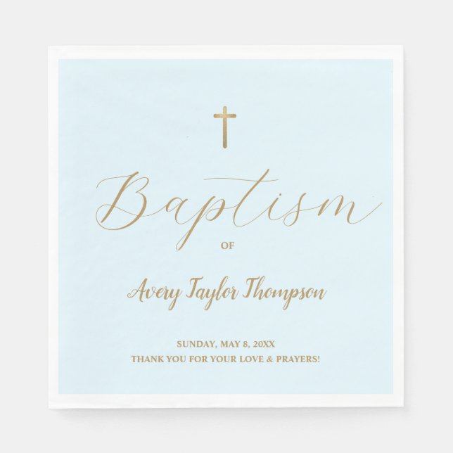 Custom Elegant Blue gold Cross Baptism Script  Napkins (Front)