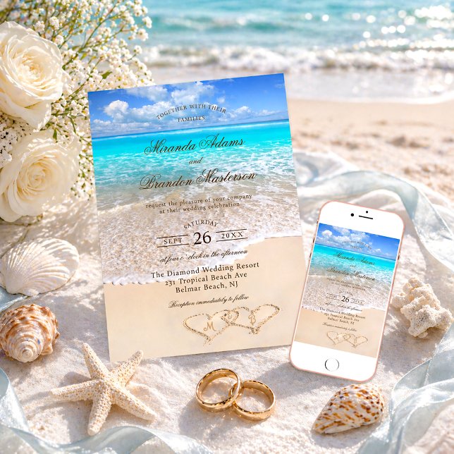 Custom Elegant Blue Ocean Tropical Beach Wedding Invitation (Creator Uploaded)