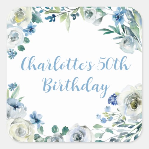 Custom Elegant Blue White Floral Birthday Party Square Sticker