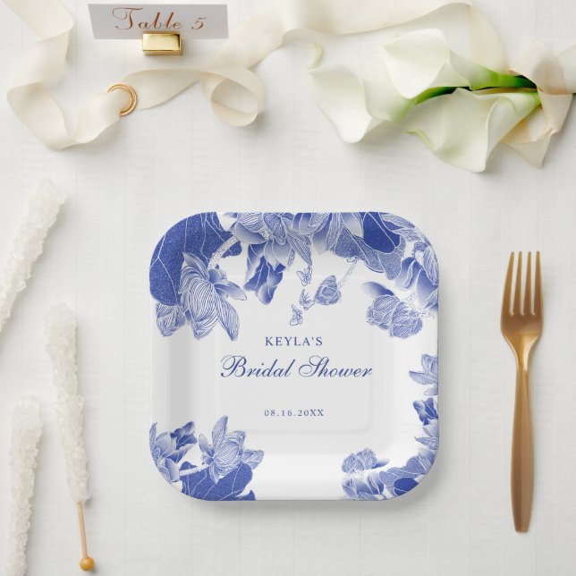 Custom Elegant Blue White Floral Chinoiserie Paper Plates (Wedding)