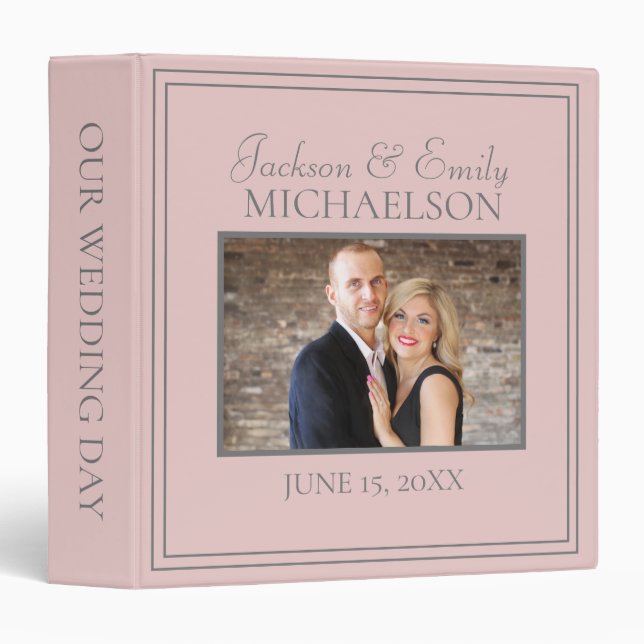 Custom Elegant Blush Pink Gray Photo Wedding 3 Ring Binder (Front/Spine)