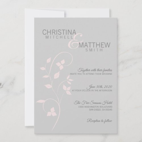 Custom Elegant Blush Pink Gray Vine Leaves Wedding Invitation