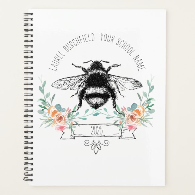 Custom Elegant Blush Pink Green Bee Floral School Planner (Front)
