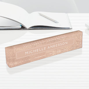 Custom Elegant Blush Pink Rose Gold Foil Desk Name Plate