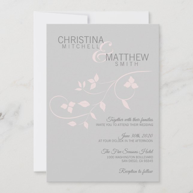 Custom Elegant Blush Pink Rose Gray Vine Wedding Invitation (Front)