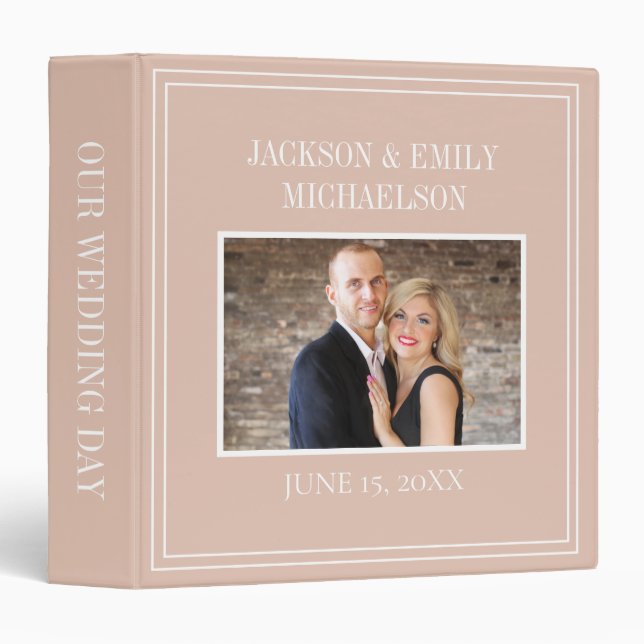 Custom Elegant Blush Pink White Photo Wedding 3 Ring Binder (Front/Spine)