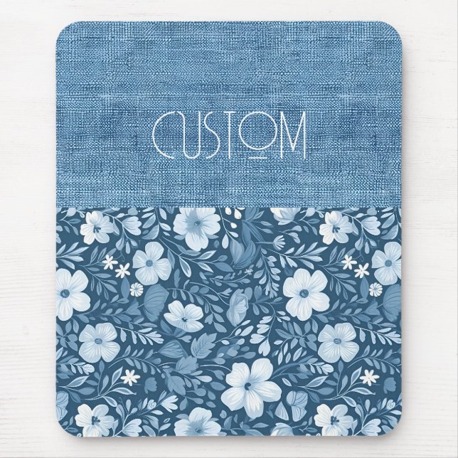 Custom Elegant Botanical Blue Faux Denim Look  Mouse Pad (Front)