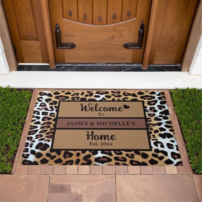 Custom Elegant Brown Black White Leopard Print Doormat (Outdoor)