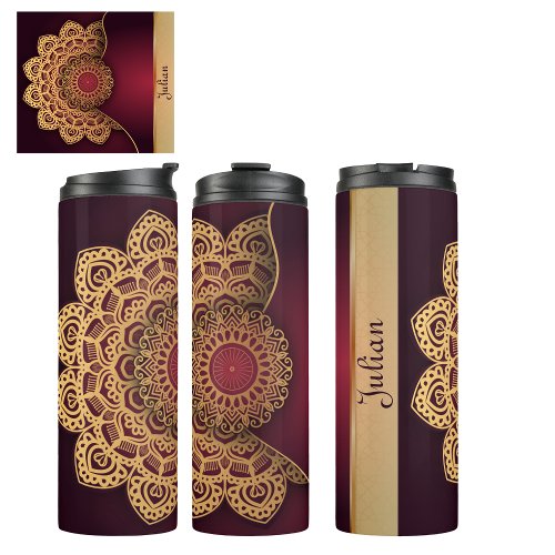 Custom Elegant Burgundy Faux Gold Unique Mandala Thermal Tumbler