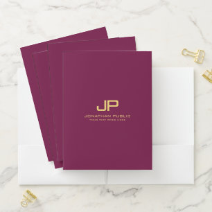 Custom Elegant Burgundy Red Gold Monogram Template Pocket Folder