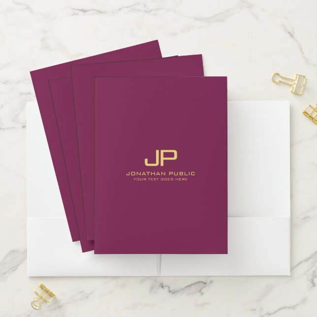 Custom Elegant Burgundy Red Gold Monogram Template Pocket Folder (In Situ)