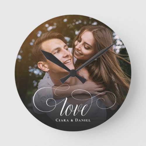 Custom Elegant Calligraphy Couple Wedding Photo Round Clock