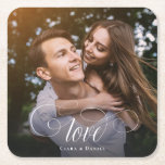 Custom Elegant Calligraphy Couple Wedding Photo Square Paper Coaster<br><div class="desc">Elegant wedding keepsake for Newlyweds,  Valentine's Day,  engagement,  showcasing your favorite couple photo with modern script calligraphy reading LOVE over your custom text like names and / or date or a personal message over a dark gradient to make the typography stand out.</div>