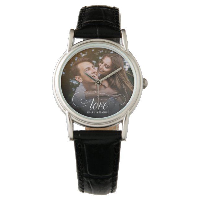 Custom Elegant Calligraphy Couple Wedding Photo Watch (Front)