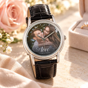Custom Elegant Calligraphy Couple Wedding Photo Watch