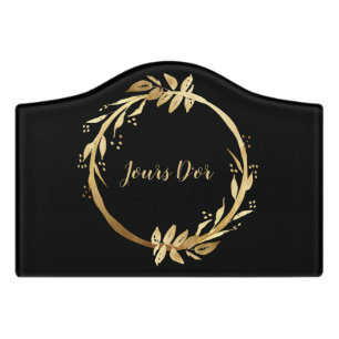 Custom Elegant Chic Black Gold Botanical Wreath Door Sign
