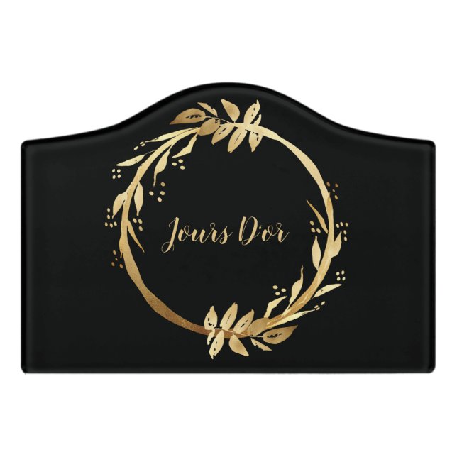 Custom Elegant Chic Black Gold Botanical Wreath Door Sign (Small Crest Front)