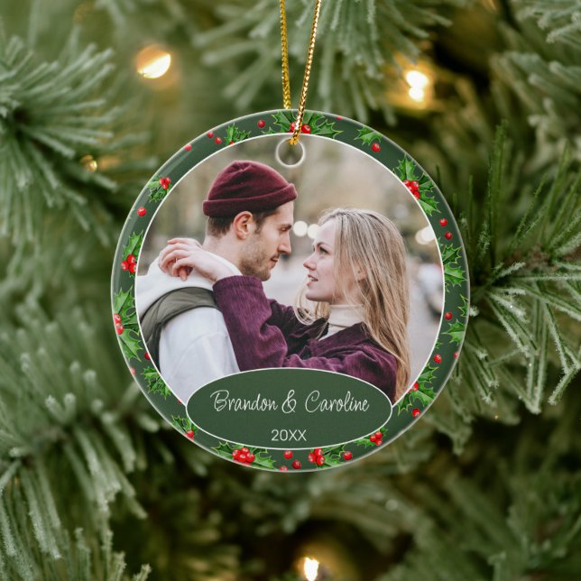 Custom Elegant Classic Couple Photo 1st Christmas Ceramic Ornament (Tree)