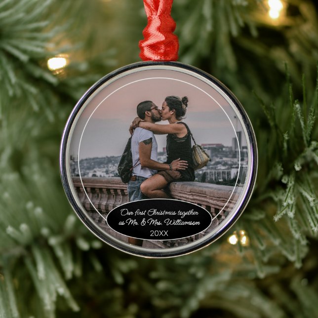 Custom Elegant Classic Couple Photo 1st Christmas Metal Ornament (Tree)