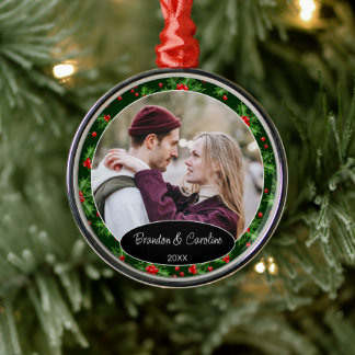 Custom Elegant Classic Couple Photo 1st Christmas Metal Ornament