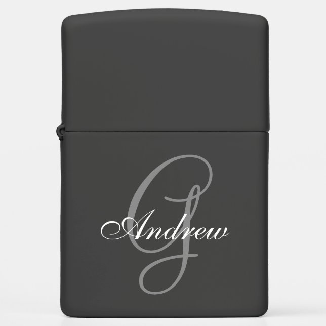 Custom Elegant Classic Script Grey Monogram Name Zippo Lighter (Front)