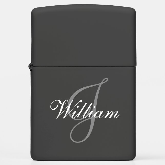 Custom Elegant Classic Script Grey Monogram Name Zippo Lighter (Front)
