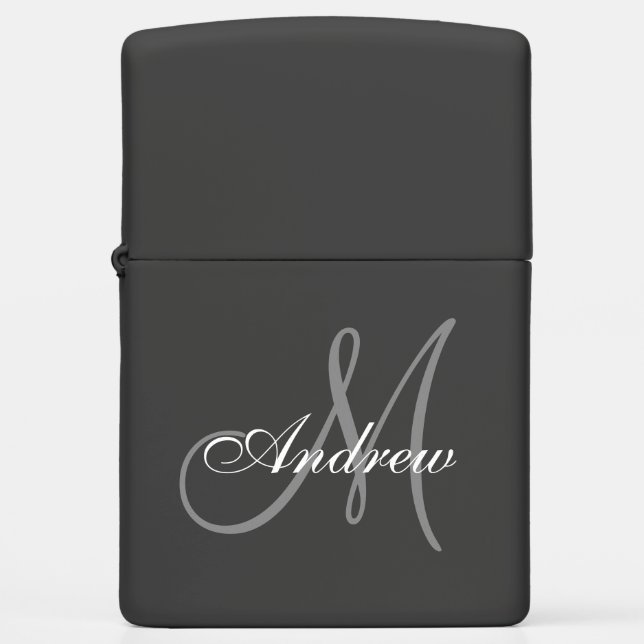 Custom Elegant Classic Script Grey Monogram Name Zippo Lighter (Front)