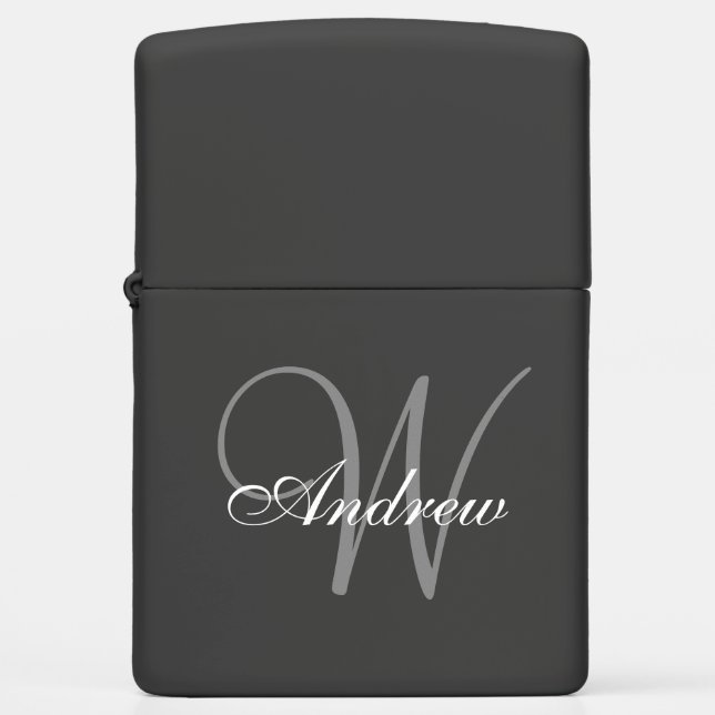 Custom Elegant Classic Script Grey Monogram Name Zippo Lighter (Front)