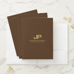 Custom Elegant Coffee Brown & Faux Gold Monogram Pocket Folder