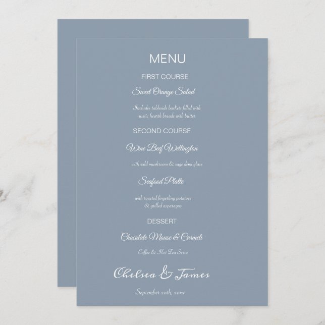 Custom Elegant Dusty Blue Calligraphy Wedding  Menu (Front/Back)