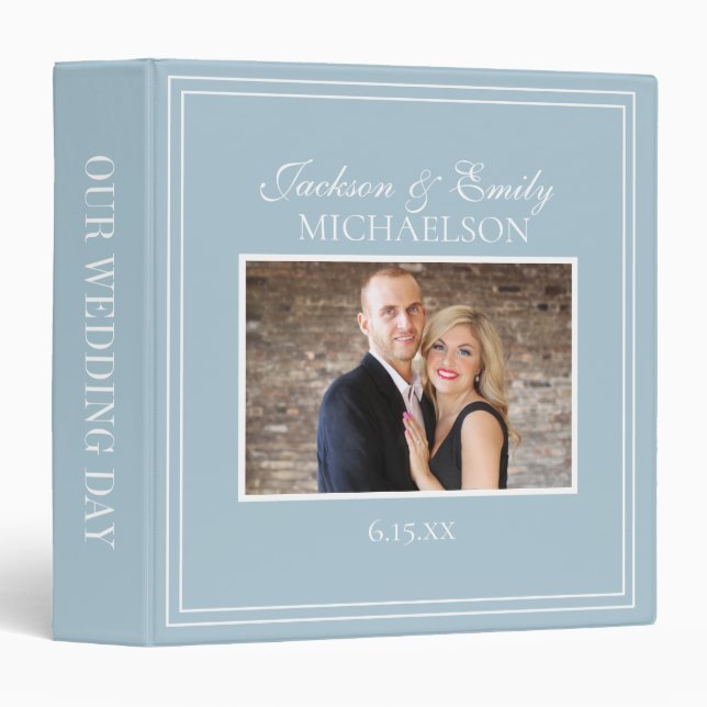 Custom Elegant Dusty Blue White Photo Wedding 3 Ring Binder (Front/Spine)