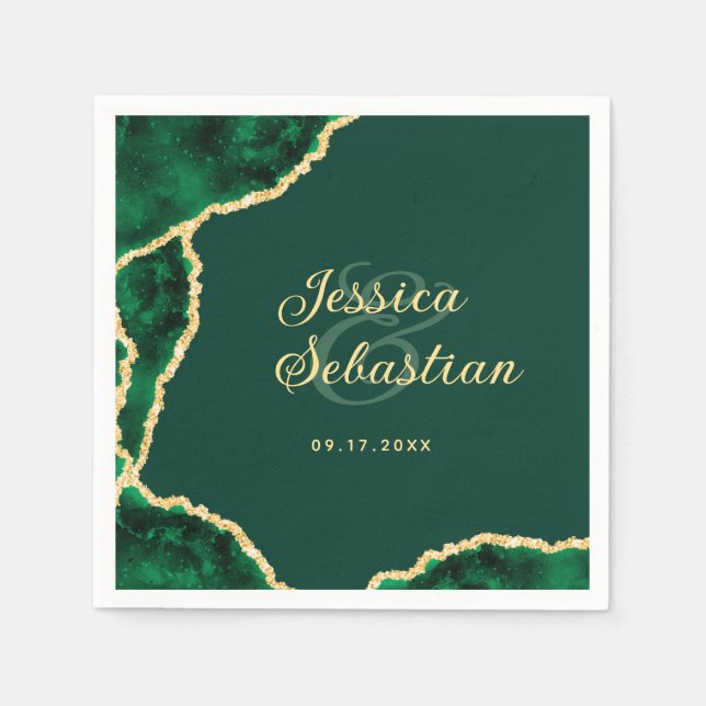 Custom Elegant Emerald Green & Gold Agate Wedding Napkins (Front)