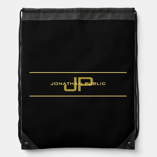 Custom Elegant Faux Gold & Black Monogram Name Drawstring Bag (Front)