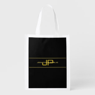 Custom Elegant Faux Gold & Black Name Monogram Grocery Bag