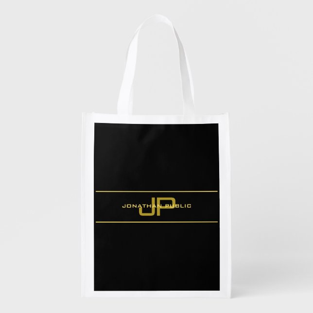 Custom Elegant Faux Gold & Black Name Monogram Grocery Bag (Front)