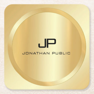 Custom Elegant Faux Gold Monogram Modern Template Square Paper Coaster