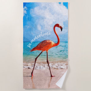 Custom Elegant Flamingo On Beach Watercolor Art Beach Towel
