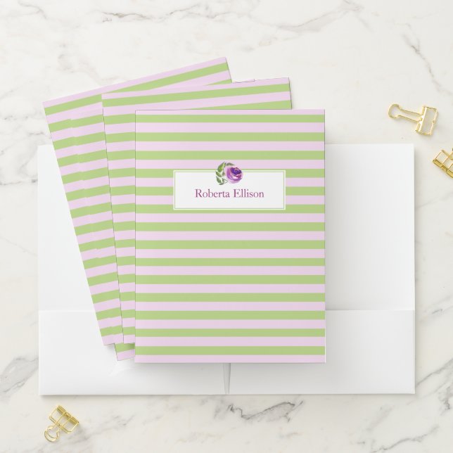 Custom Elegant Floral Pastel Horizontal Stripes Pocket Folder (In Situ)