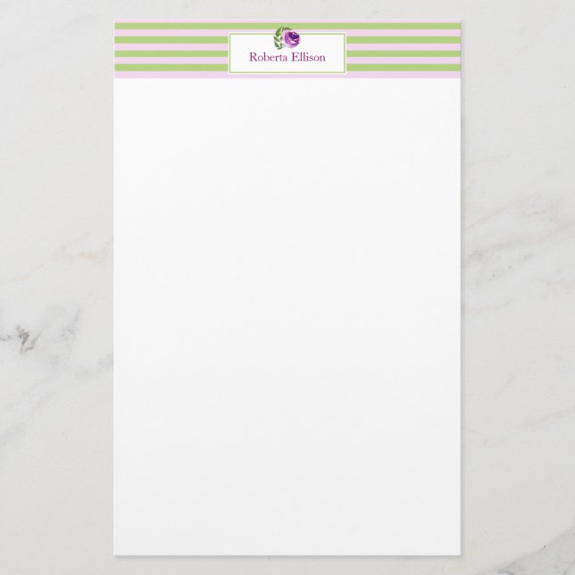 Custom Elegant Floral Pastel Horizontal Stripes Stationery (Front)