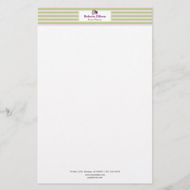 Custom Elegant Floral Pastel Horizontal Stripes Stationery (Front)