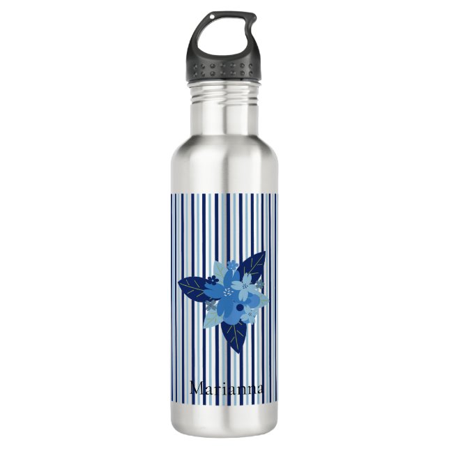 Custom elegant floral stripes monochromatic blue stainless steel water bottle (Front)