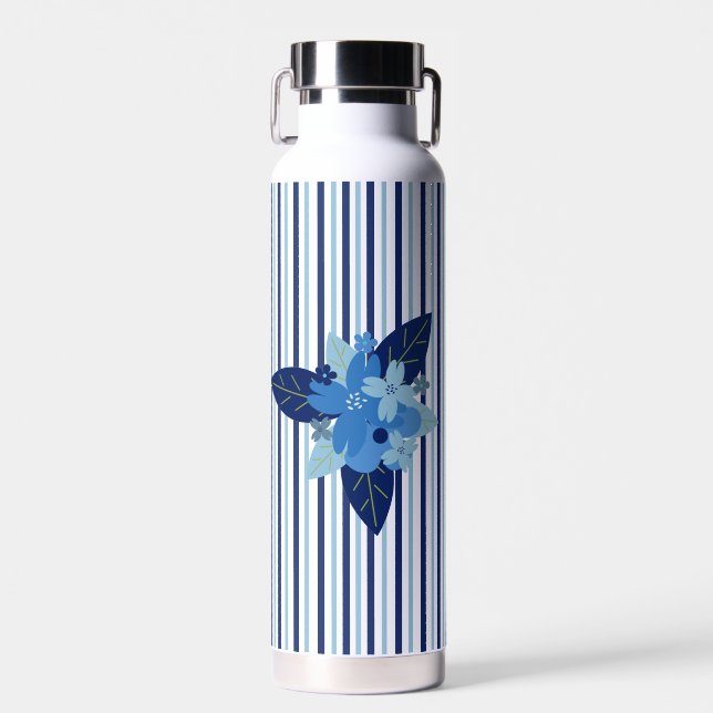 Custom elegant floral stripes monochromatic blue water bottle (Front)