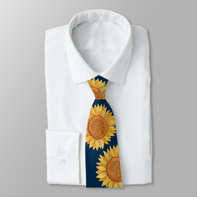 Custom Elegant Flower Art Boho Navy Blue Sunflower Neck Tie (Tied)