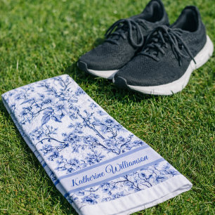 Custom Elegant French Vintage Blue Floral Sports Hand Towel