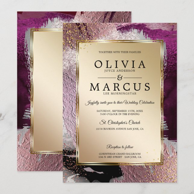 Custom | Elegant Gold Cassis Plum Brush Strokes Invitation (Front/Back)