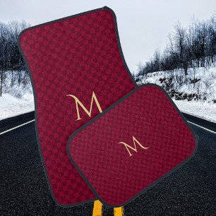 Custom Elegant Gold Monogrammed Maroon Checkered Car Mat