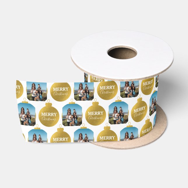 Custom Elegant Gold Photo Ornaments Christmas Satin Ribbon (Spool)